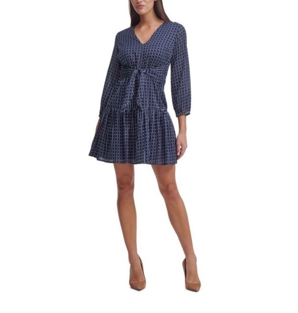 Tommy Hilfiger Women's Petite Long Sleeve Tie Tiered Skirt 3/4 Sleeve Blue $119